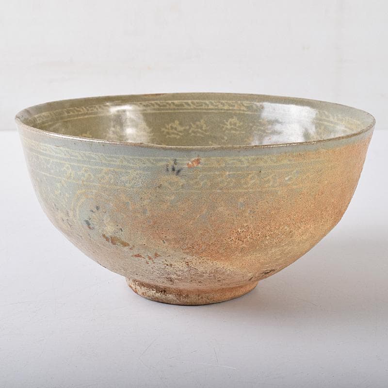 朝鮮美術　李朝　高麗青磁　象嵌花文　大茶碗　時代箱付　M　R8448