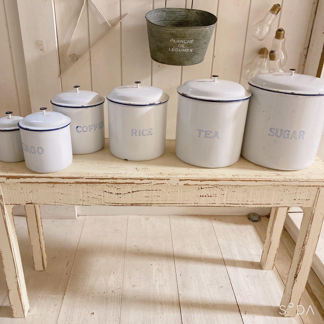 フランス　アンティーク　ホーローキャニスター6個セット ホワイト