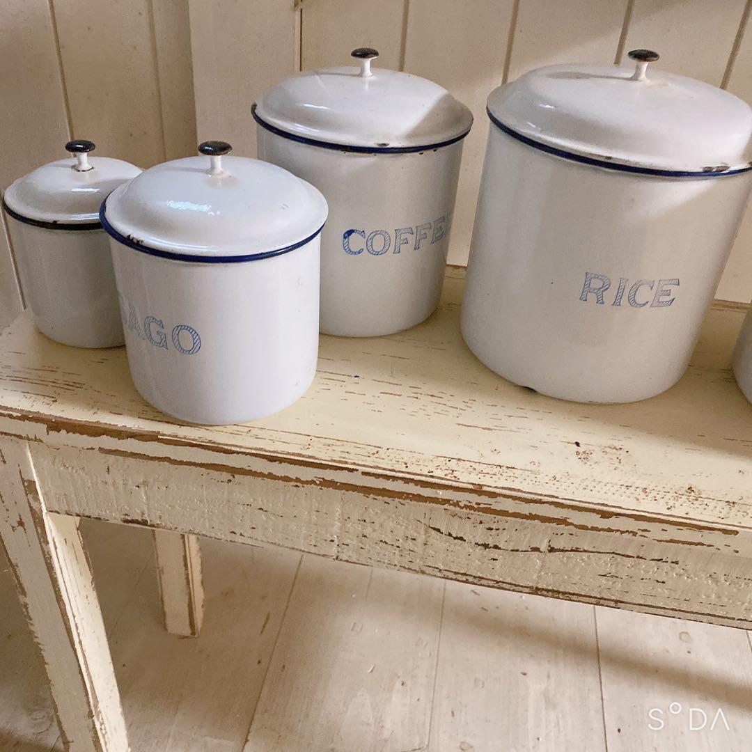 フランス　アンティーク　ホーローキャニスター6個セット ホワイト