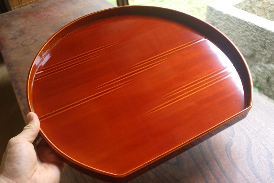 専用！優美な拭き漆の映える春慶塗の半月盆5点（検漆器漆盆茶道具お盆お膳