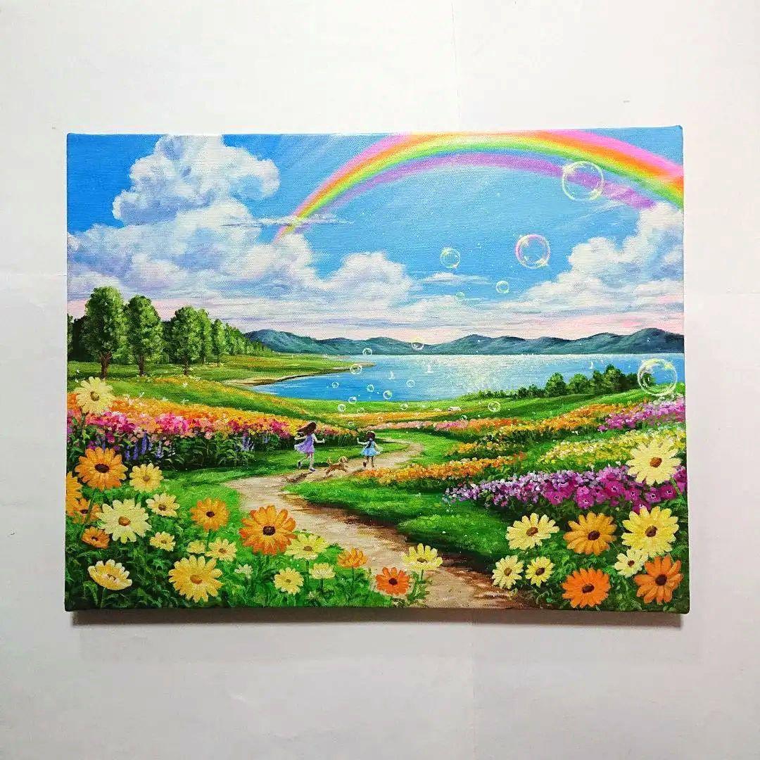 【虹が輝く時】アクリル画 F6 風景画 絵画