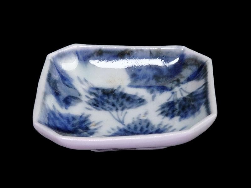 古伊万里　染付　竹笹紋の図　四方角　豆皿　E598AS-CTy