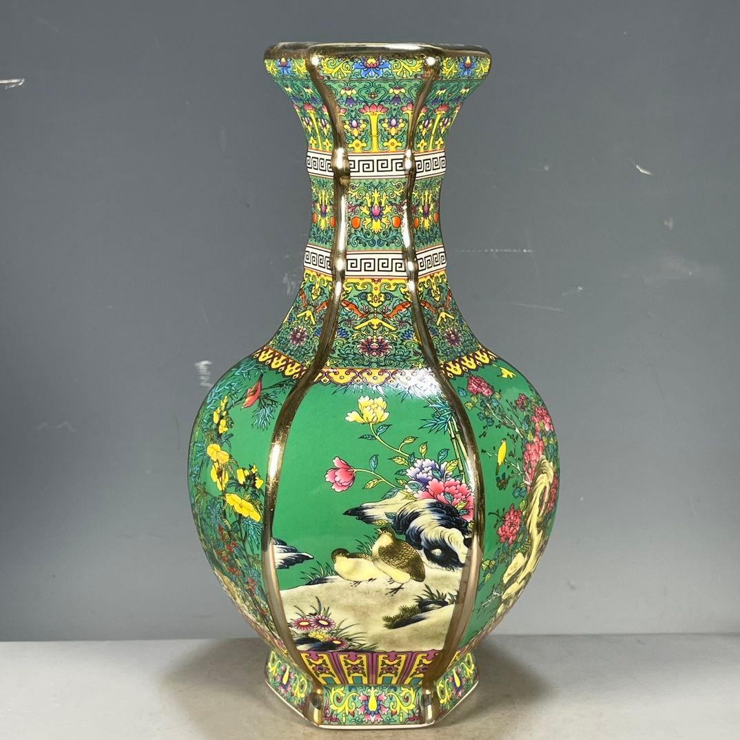 乾隆琺瑯彩花鳥紋六稜賞瓶 景徳鎮 陶磁器 装飾品 現代工芸品 美術品 置物