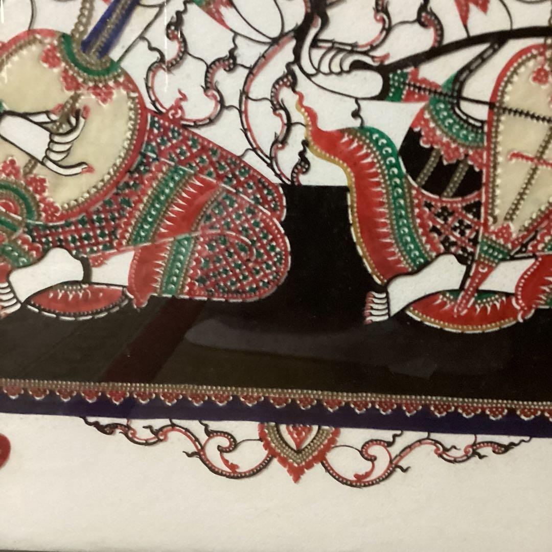 インドネシア　民芸品　布製カロチャ刺繍調　リシェリュ風カットワーク 　木枠額装