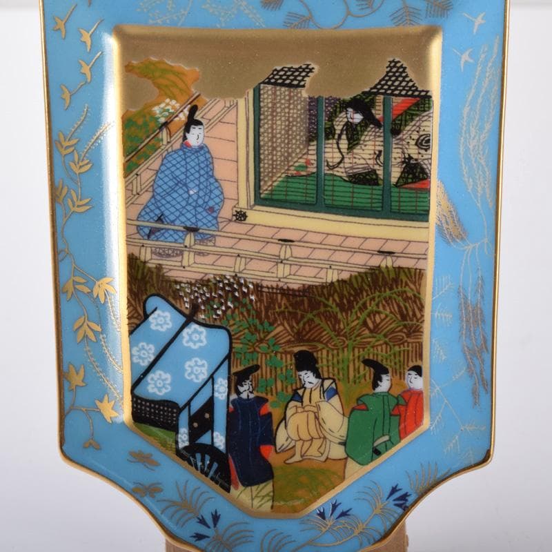 茶道具　栗野芳葉作　色絵　源氏物語絵巻図　羽子板小皿　五客　共箱　V　7784
