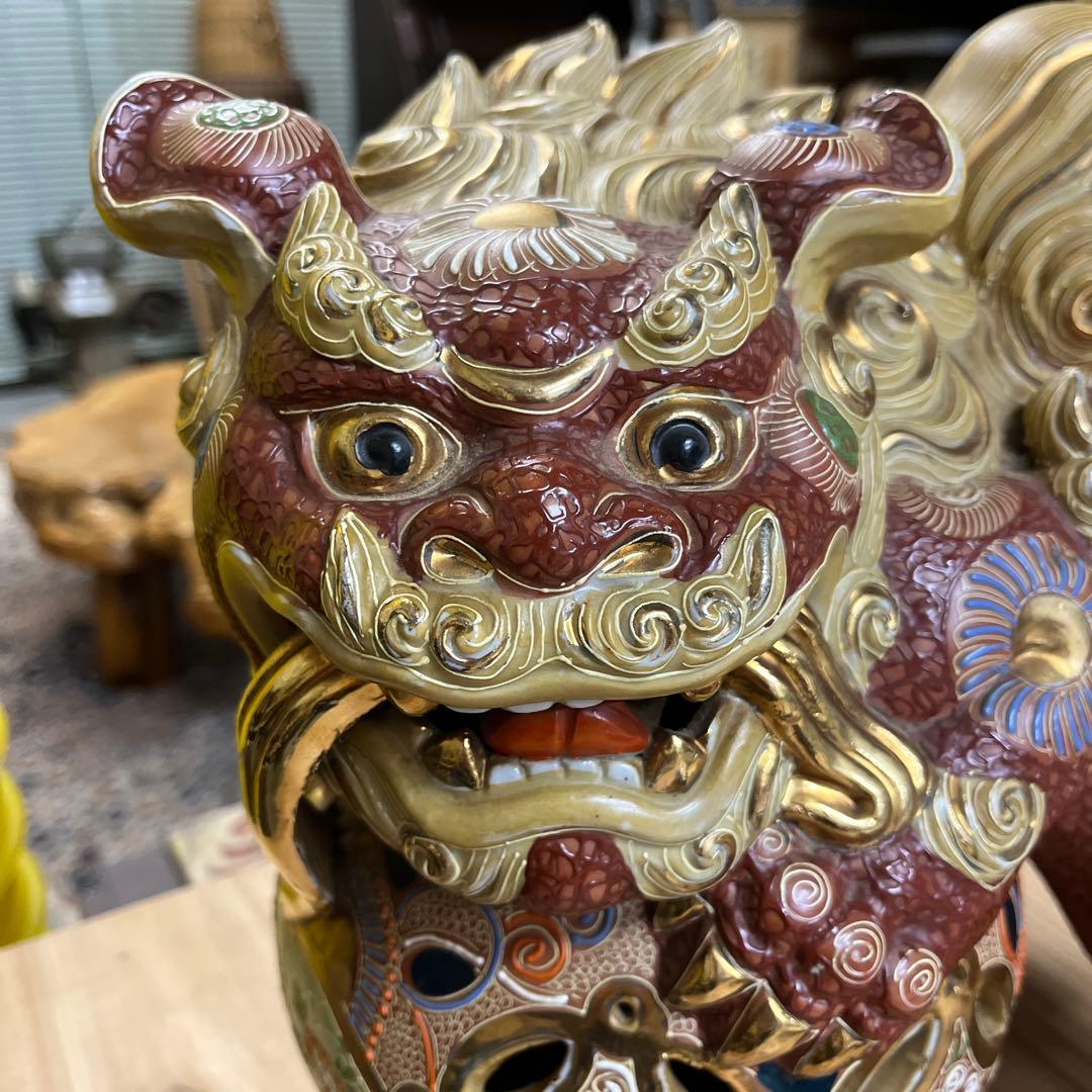 陶器製 獅子像 置物　赤金　九谷焼　美品