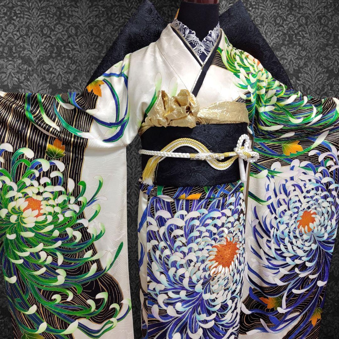 振袖フルセット(7点)・成人式・大輪花模様・金彩加工・金駒刺繍・正絹・逸品