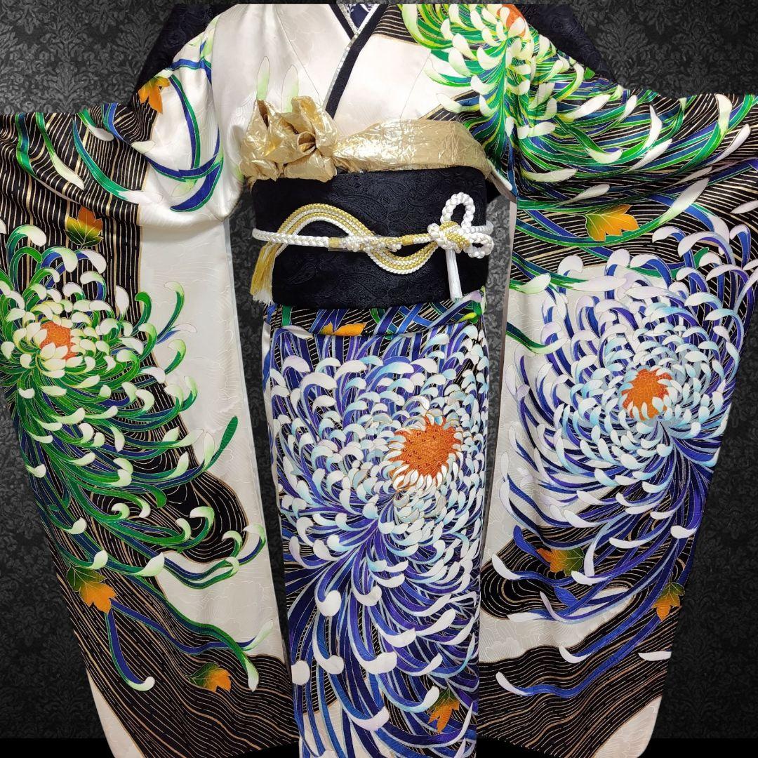 振袖フルセット(7点)・成人式・大輪花模様・金彩加工・金駒刺繍・正絹・逸品