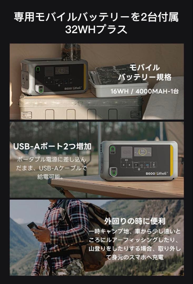 新品Litheli ポータブル電源 B600 & 100Wソーラーパネル セット