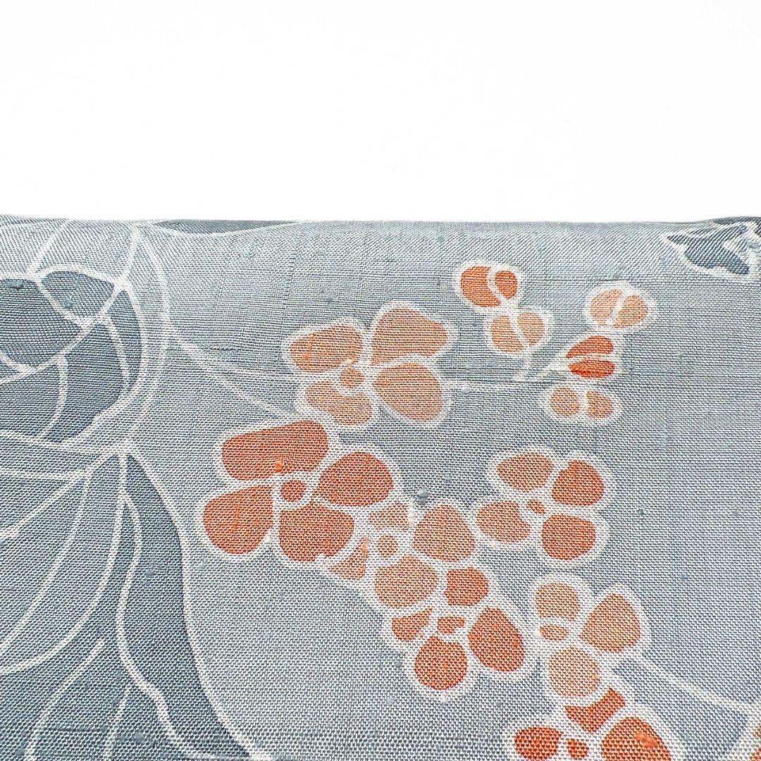 未着用　紬　唐花模様　蛍光オレンジ　小紋　花模様　着物　091w p