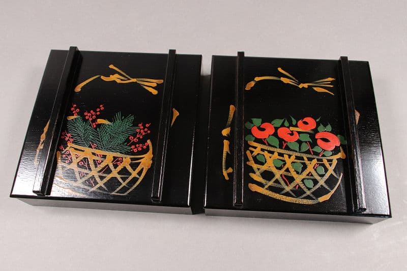 漆芸 山田平安堂 二代 呉藤友乗 花篭蒔絵 蓋物 五点 弁当箱 共箱 M837