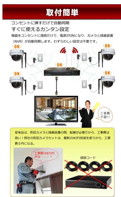 新品 ワイヤレス 防犯カメラキット カメラx4 チューナー スマホ操作可能