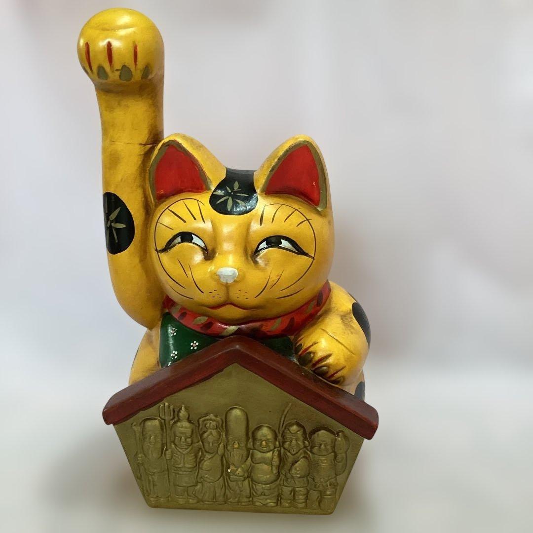 金運招き猫 七福神　ゴールド　商売繁盛　縁起物　アンティーク置物 金色 黄色陶器