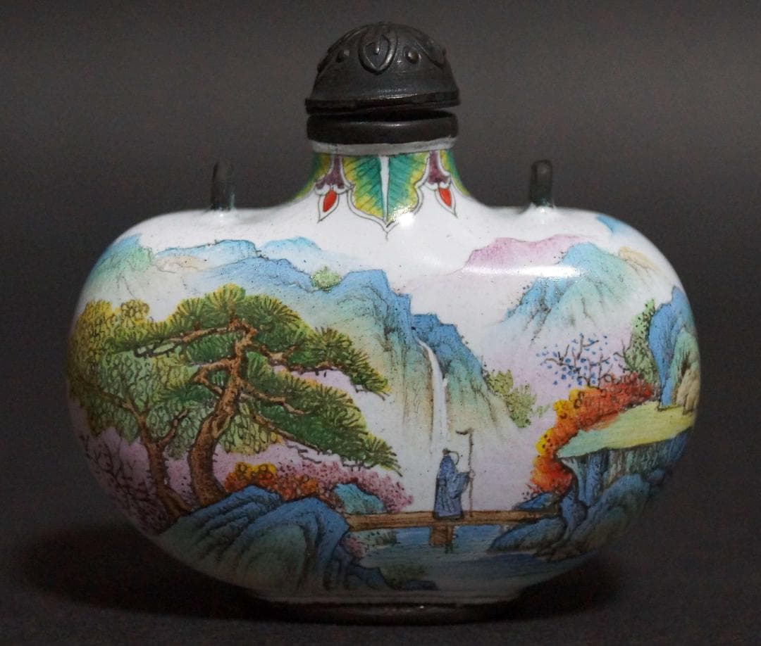清 乾隆年製 銅胎 琺琅彩『山水風景楼閣人物図』 鼻煙壺 時代物 古賞物 極細工
