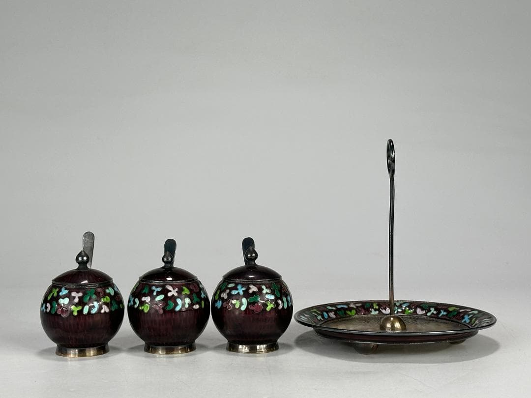 韓国美術　純銀製　刻印有　調味料入　七宝　茶器　茶道具　重さ317g