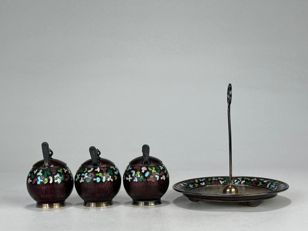 韓国美術　純銀製　刻印有　調味料入　七宝　茶器　茶道具　重さ317g