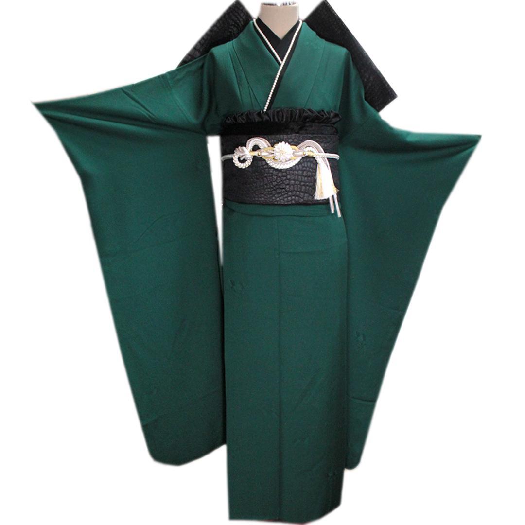 人気！深緑無地振袖＆帯黒色新品2点セット 正絹ヴィンテージ 成人式 KM55