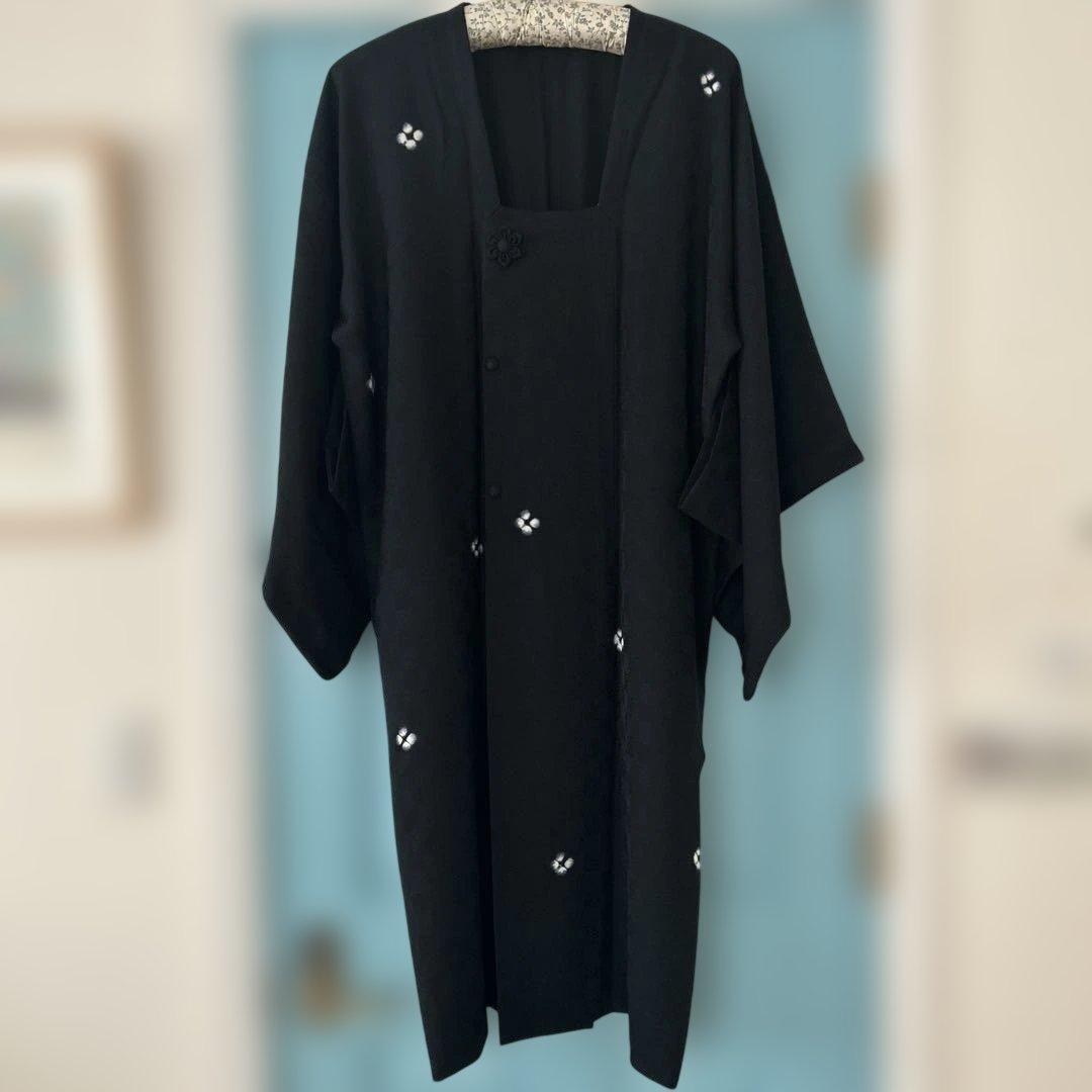 着物コート　黒　飛び柄　ブラック　道行　道行コート　ロング丈　正絹裄70cm