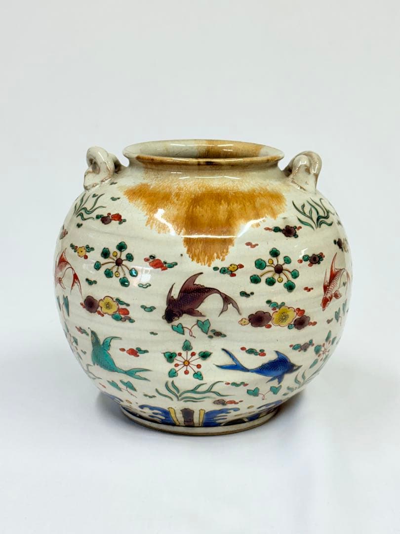 清末〜民国期 中国 景徳鎮 色絵鯉文 双耳 壺 花瓶 古美術 五彩 陶芸
