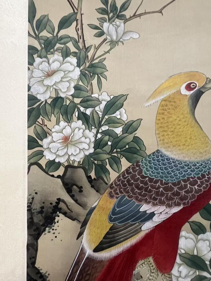 田中 野夫専用 水墨肉筆　錦鶏花葉太湖石図　南田沈銓 掛軸 中国美術(Y-12)