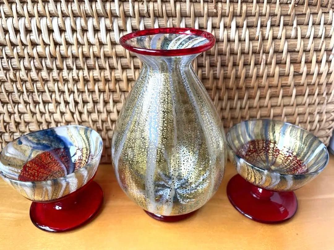 値下げ　希少ベネチアングラス　ワイン、日本酒　デカンタ+2グラス　セット　一点物