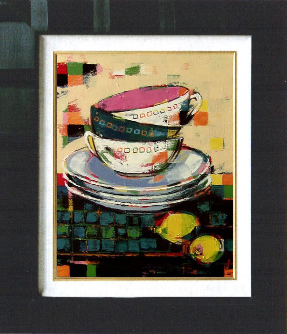 油絵 菅家令子絵 絵画インテリア額付(黒) uF6-060203静物カップレモン