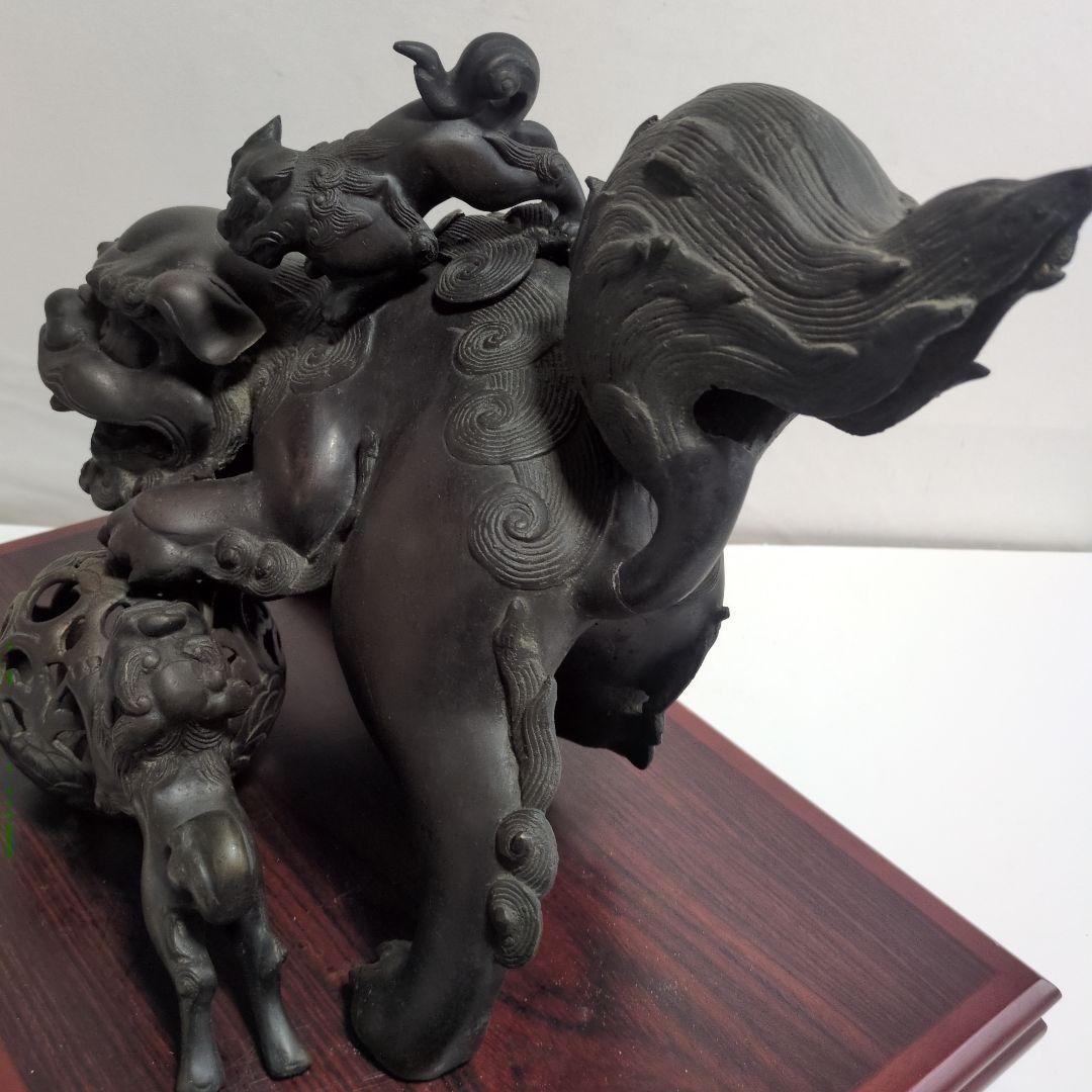 旧家　古い銅製　高炉　獅子　古銅宣徳銅　神獣　魔除　縁起物　彫金　玉獅子