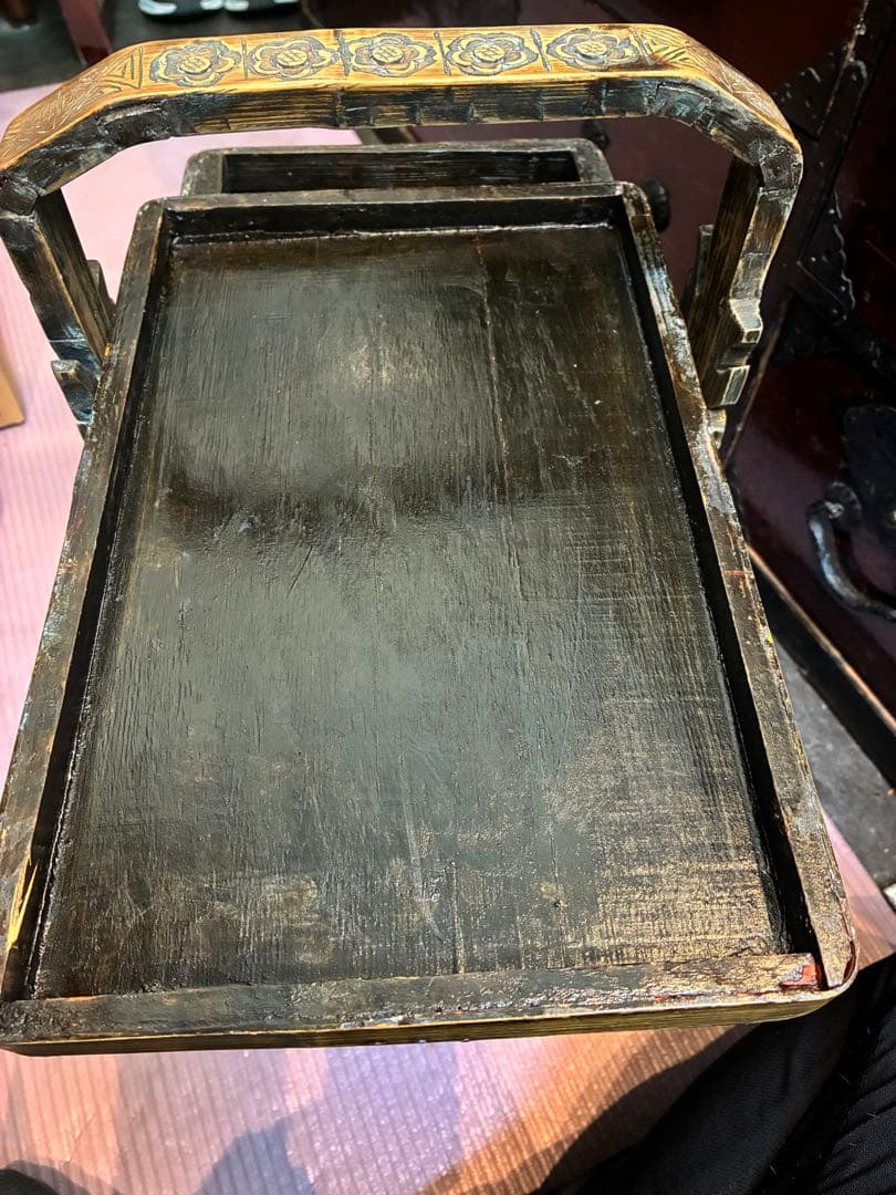 茶道具　煎茶道具入れ　籠　提藍　骨董品　彫刻　木製　網代編み　2段式