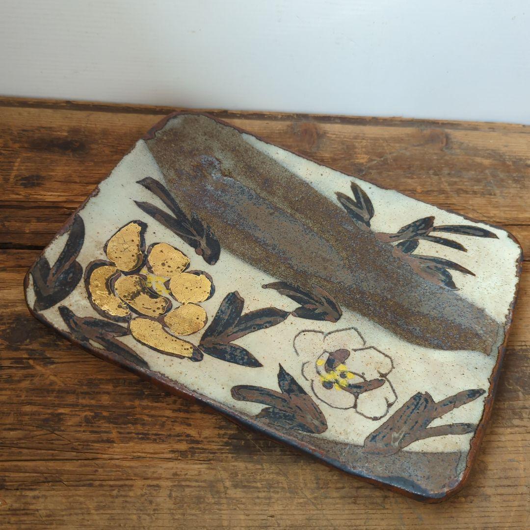 【民藝】坪島土平 廣永窯 金彩色絵角皿