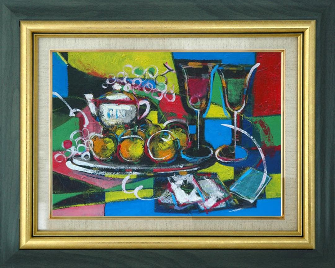 油絵 菅家令子 絵 絵画インテリア 額付(青緑＋金色の枠) uF6-120309