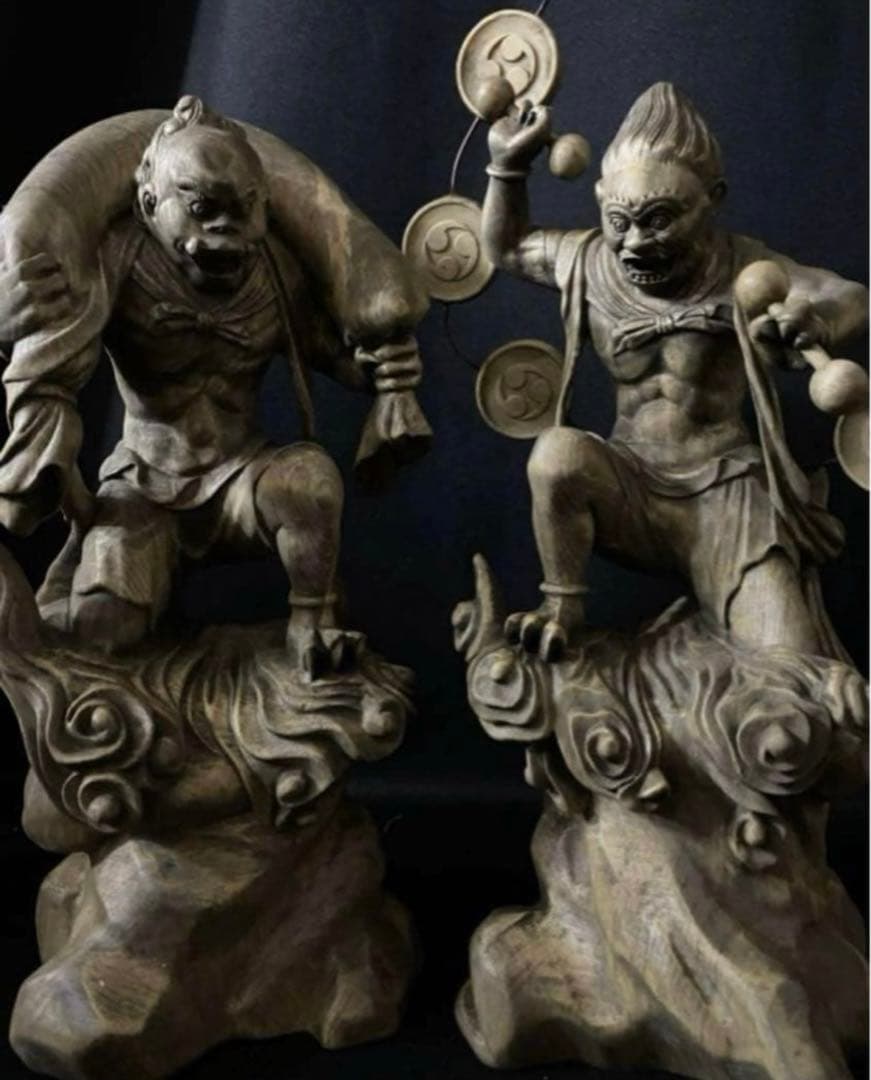 総楠材　高27cm 最大32cm 木彫仏教　仏師で仕上げ品　風神雷神図一式