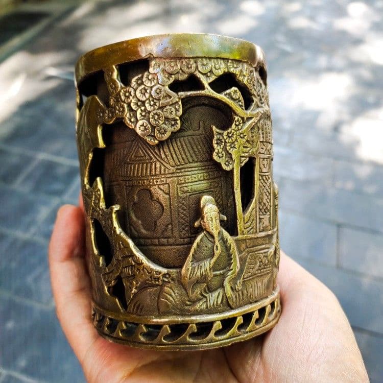 銅器 二重透かし彫りの筆箱 書道具 文房具 工芸品 美術品 置物