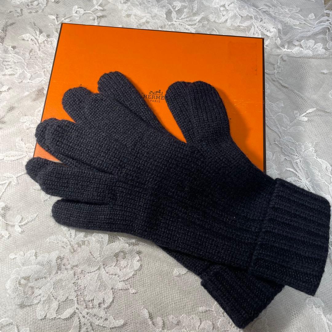エルメス カシミヤ手袋 ダークブルー 5本指　暖かい