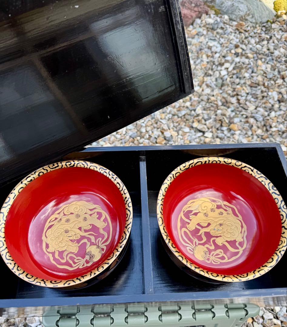 美品　漆塗り　会津塗り　茶碗　龍2客セット