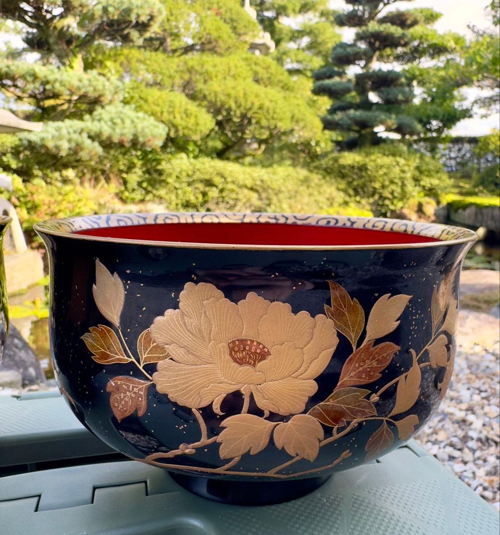 美品　漆塗り　会津塗り　茶碗　龍2客セット