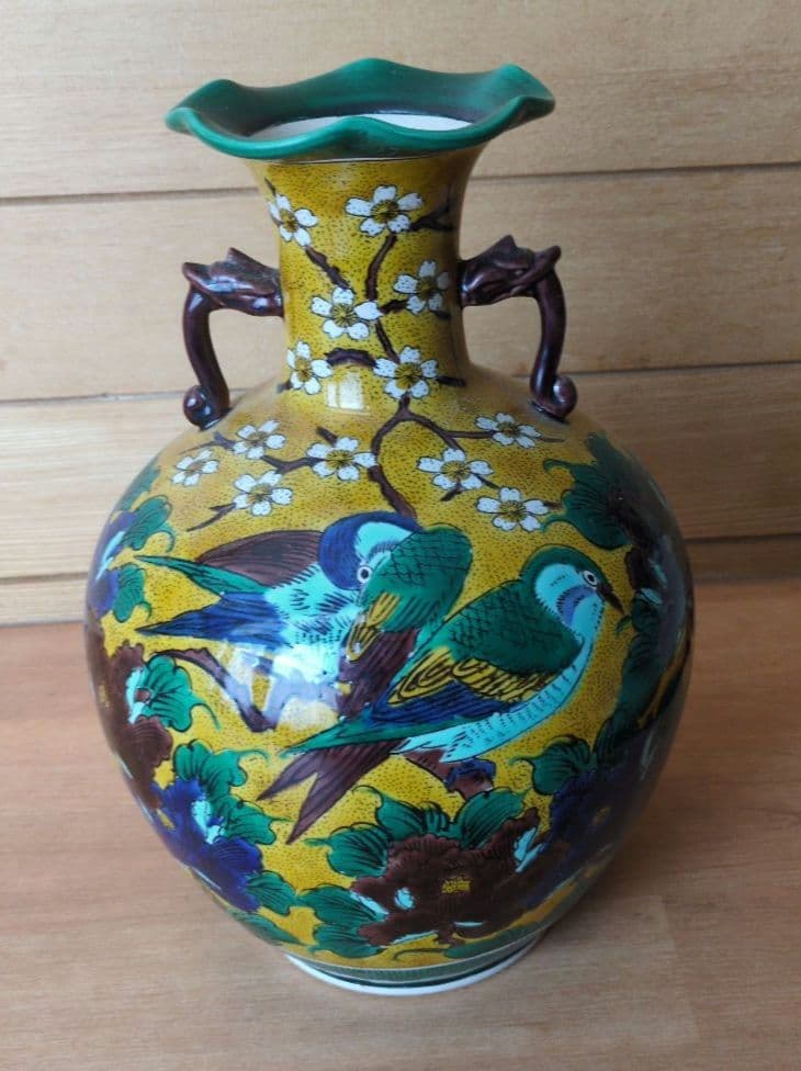 九谷焼　角福　花瓶　色絵　花鳥図