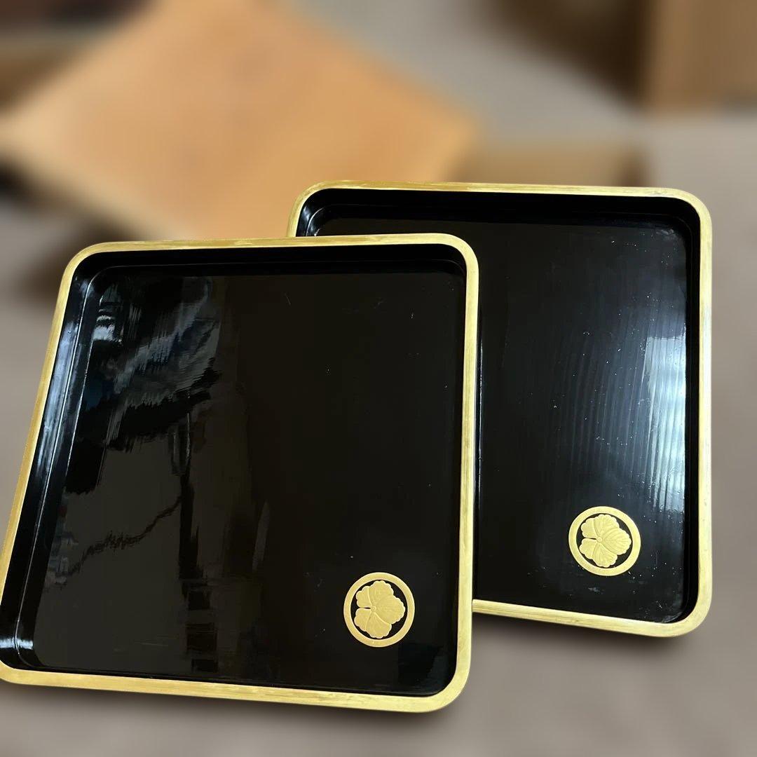 輪島塗お盆2枚セット 金色装飾　家紋入り　木箱付き　25日までの出品