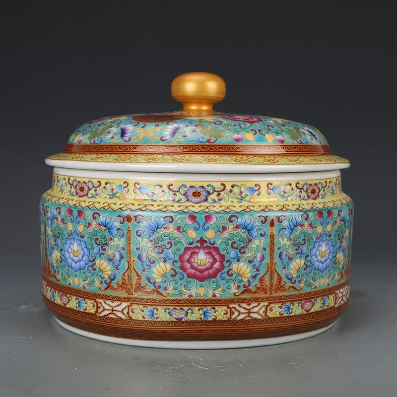 大清乾隆琺瑯彩纏枝花卉蓋缶 陶磁器 装飾品 現代工芸品美術品 置物