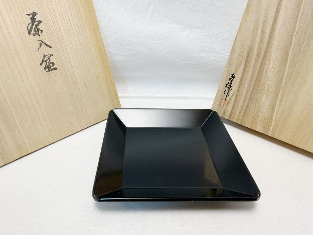 未使用 茶道具 孝雄造 流祖好 木製黒真塗 茶入盆 宗乐書 四方盆 共箱