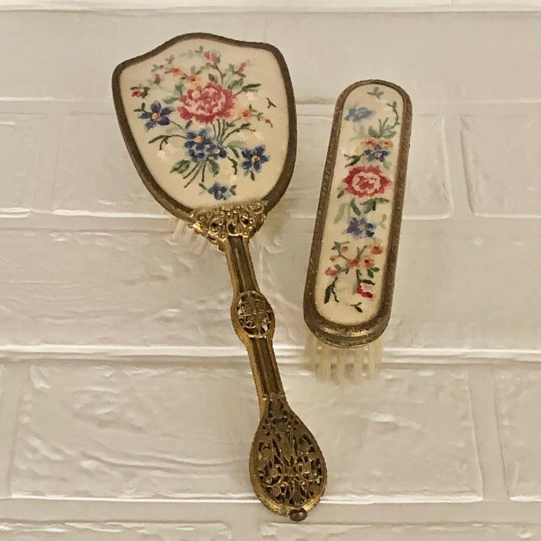 美品＊希少∮英アンティーク＊プチポアン＊プチポワン＊時計 ブラシ 小物入れ 5点