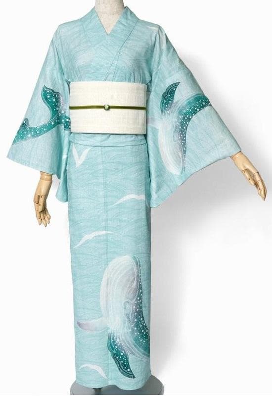 最終品★ミントグリーン地にクジラと波柄★めずらしい絵羽浴衣★夏きもの大人の浴衣