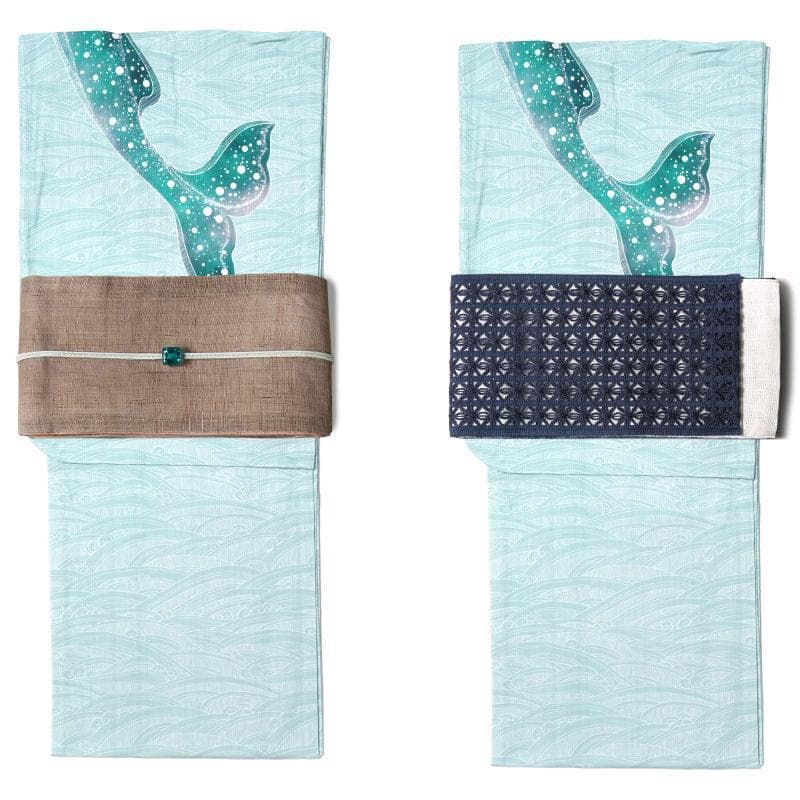 最終品★ミントグリーン地にクジラと波柄★めずらしい絵羽浴衣★夏きもの大人の浴衣