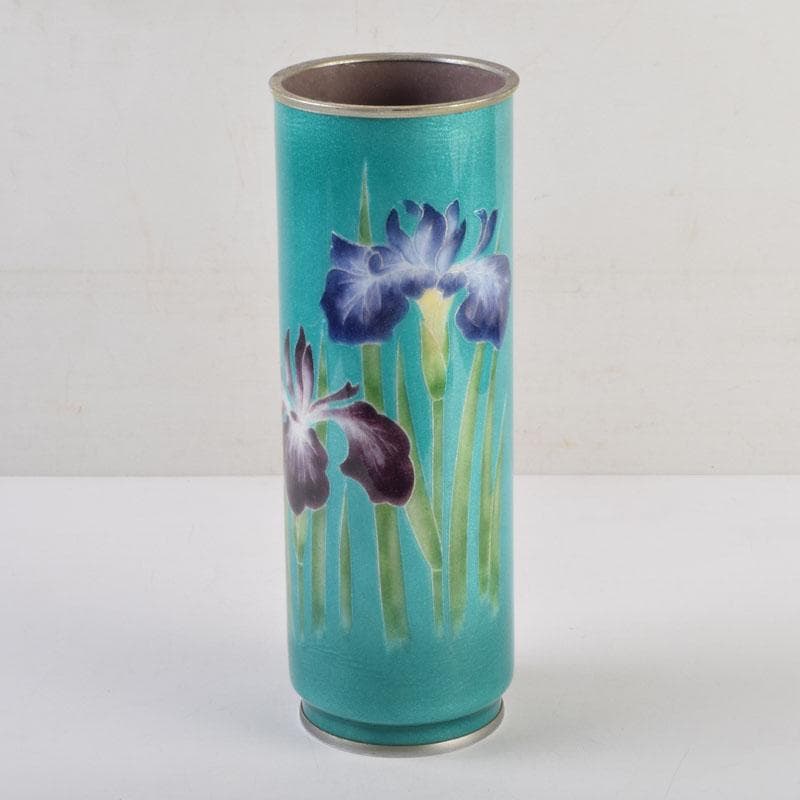 七宝焼　青釉　菖蒲文　筒瓶　花瓶　V　9134