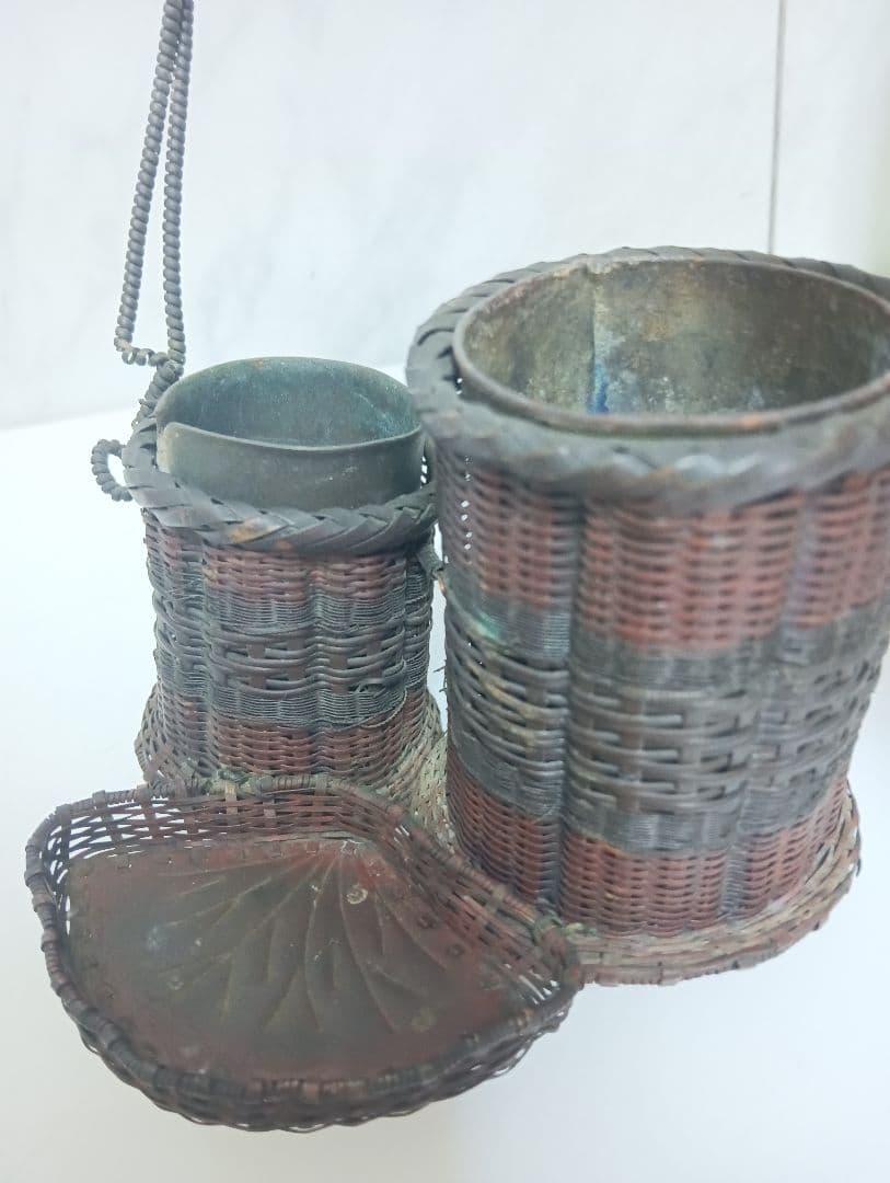 江戸時代武家旧家蔵出古銅製編込み細工茶道具置物アンティーク飾りコレクション