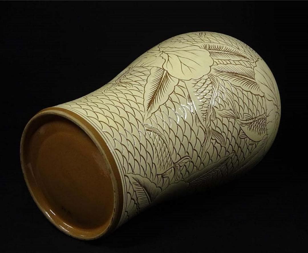 時代物 韓国美術 龍岩窯 鯉陰刻 花瓶 高約36cm 花器 箱付 c06193