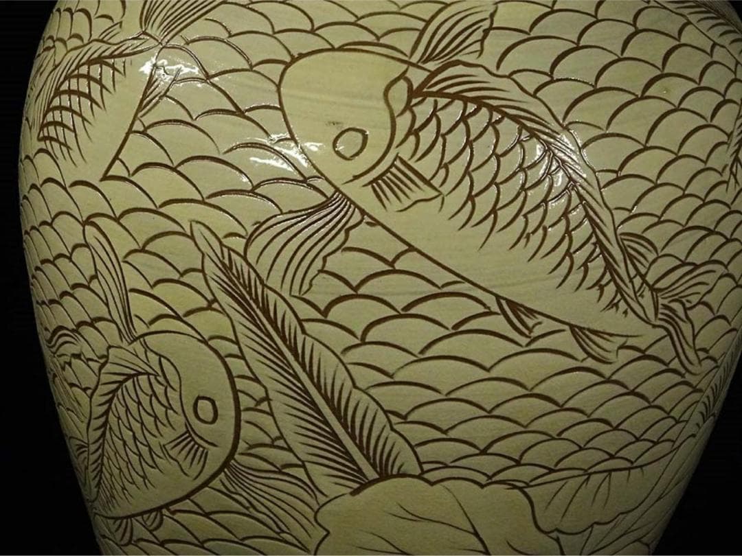 時代物 韓国美術 龍岩窯 鯉陰刻 花瓶 高約36cm 花器 箱付 c06193