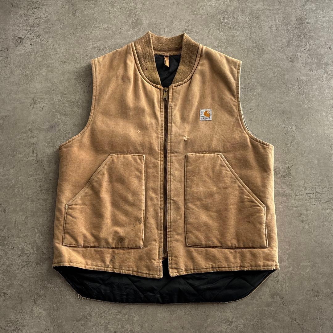80's■USA製■carhartt 【L】ダックベスト 腰ゴム ベージュ