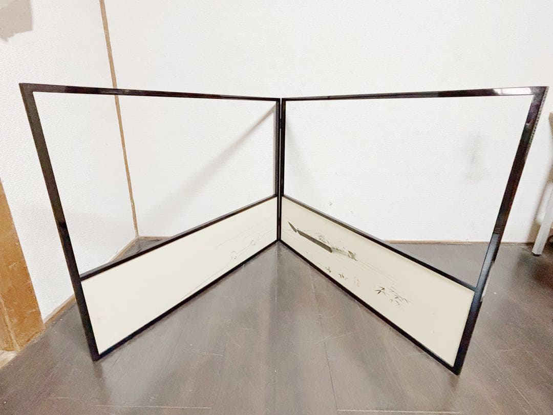 茶道具 堀内宗完 宗匠 自筆 曳舟図 如心斎好 腰風風炉先屏風 黒缘 書付 花押