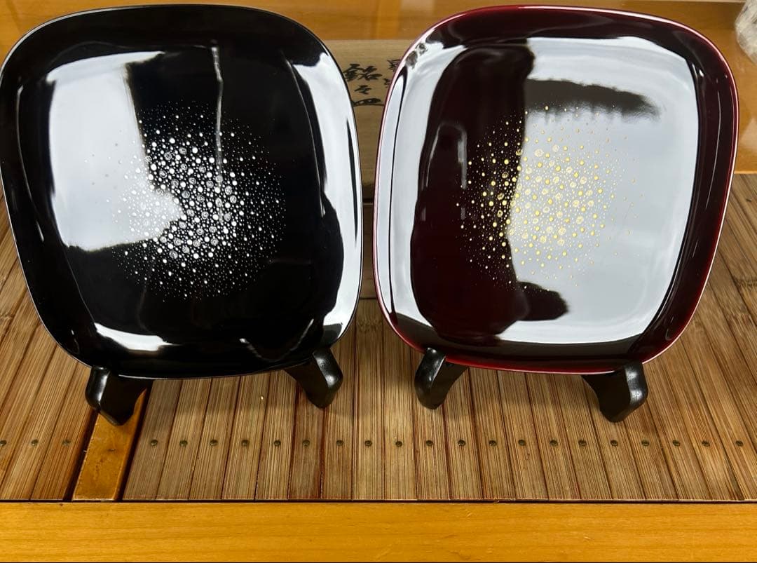 希少　輪島塗　慶塚作　星遊　銘々皿　金　プラチナ銀　2枚　木製プレートスタンド付