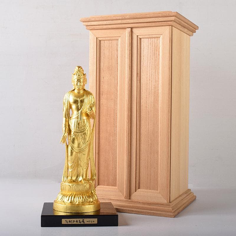 彫刻家　北村西望作　銅塗金　聖観音菩薩像　台付　北村治禧識箱　D　R8174